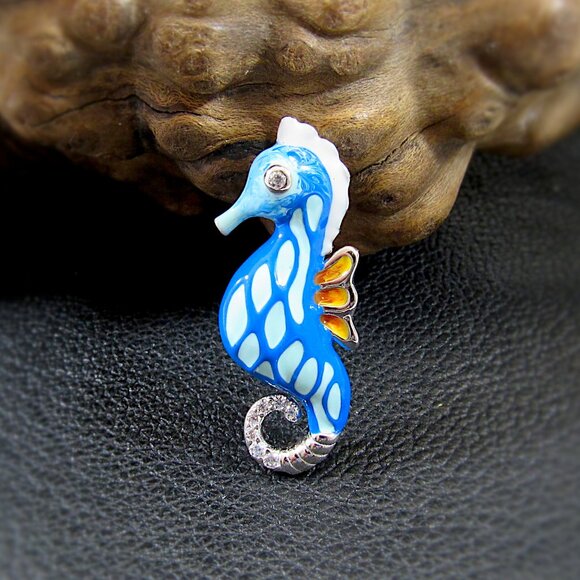 Solid 925 Sterling Silver & Blue and White Enamel Seahorse Slide Pendant - Picture 1 of 8